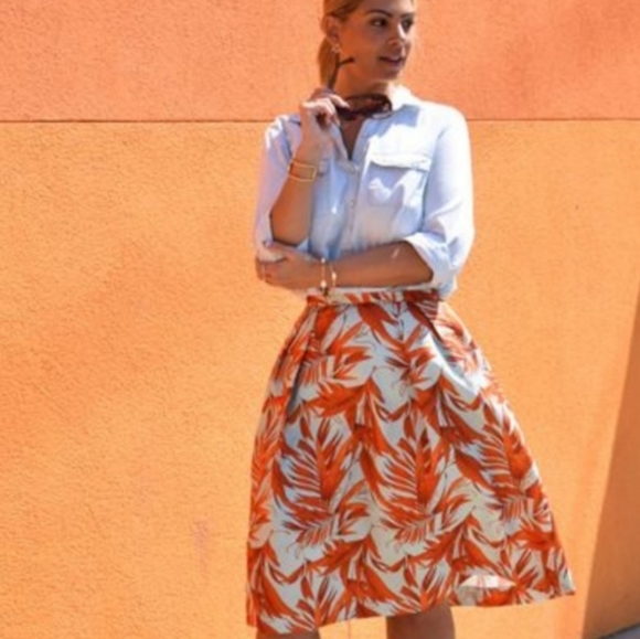 H&M Dresses & Skirts - H&M Womens Orange Palm Leaf Print Midi Full Skirt Teal Paneled